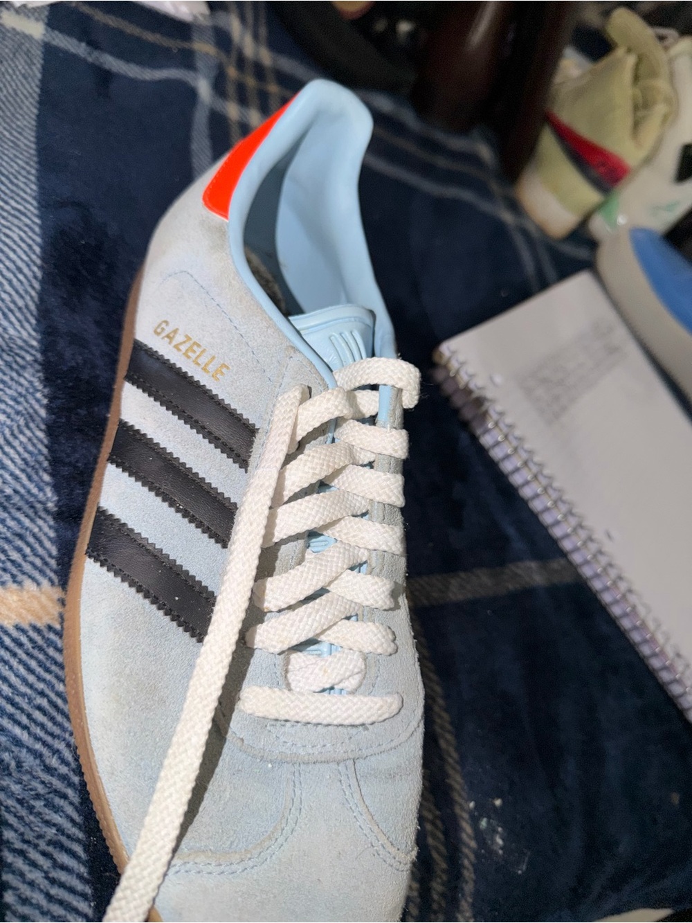 adidas Gazelle Light Blue Suede Sneakers with Black Stripes and Orange Heel